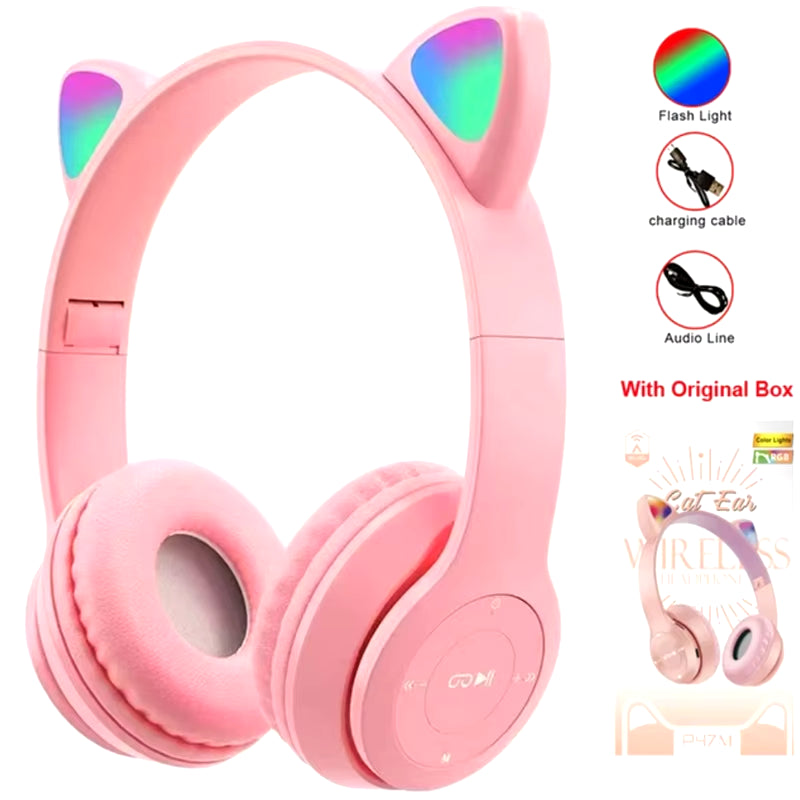 Wireless Headphones Cat Ear Bluetooth-Compatible Helmets Stereo Bass Over-Ear Headsets Sports Headphones for Kids and Adult