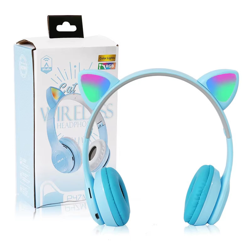 Wireless Headphones Cat Ear Bluetooth-Compatible Helmets Stereo Bass Over-Ear Headsets Sports Headphones for Kids and Adult