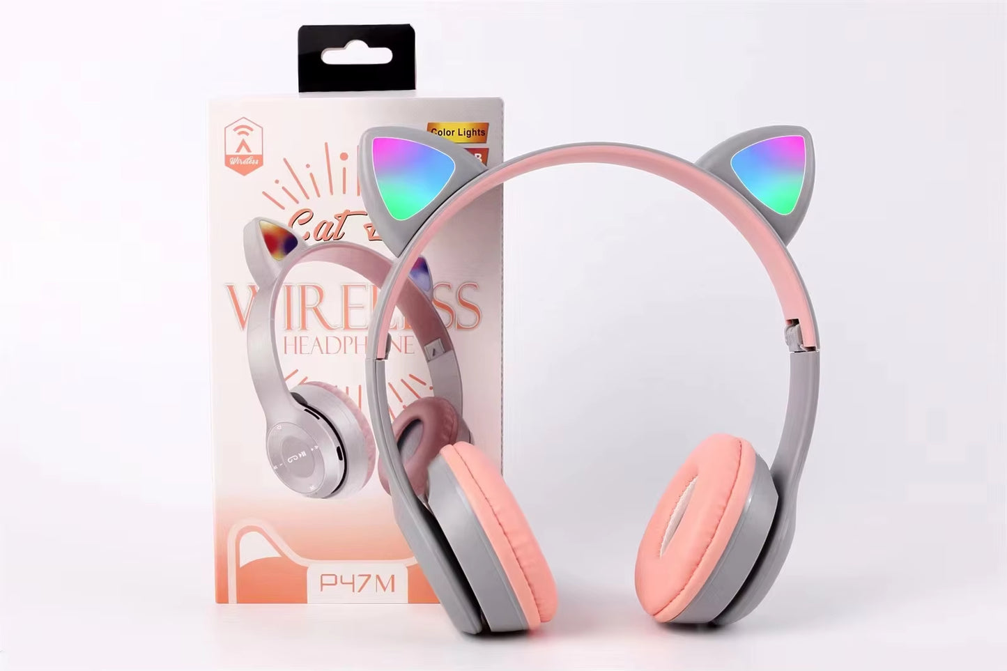 Wireless Headphones Cat Ear Bluetooth-Compatible Helmets Stereo Bass Over-Ear Headsets Sports Headphones for Kids and Adult